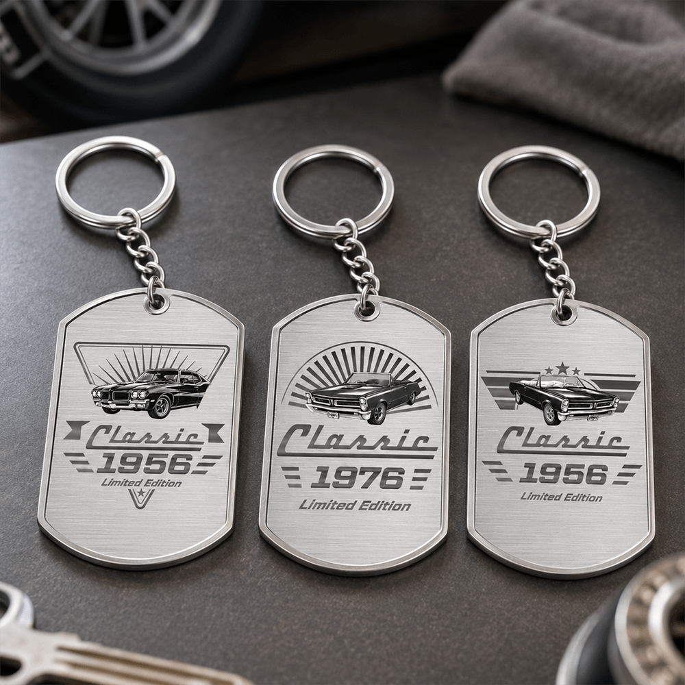 Personalized Metal Keychain with Vintage Classic Car, Monochrome Keepsake and Unique Gift for Car Enthusiasts