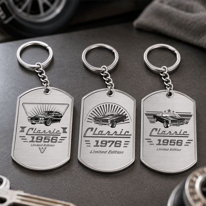 Personalized Metal Keychain with Vintage Classic Car, Monochrome Keepsake and Unique Gift for Car Enthusiasts