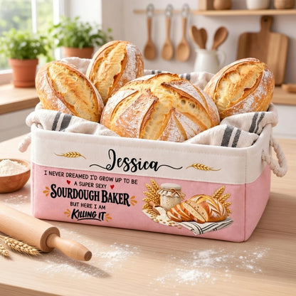Personalized Sourdough Baker Rope Basket, Funny Quote and Golden Loaves, Creative Gift for Her Kitchen