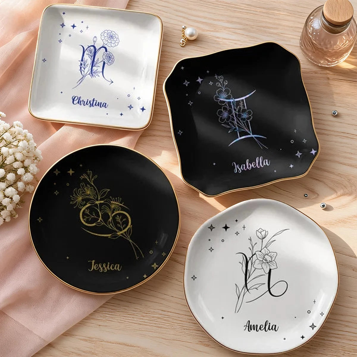 Zodiac Birth Flower Jewelry Dish, Personalized Celestial Keepsake Tray, Meaningful Creative Gift for Her