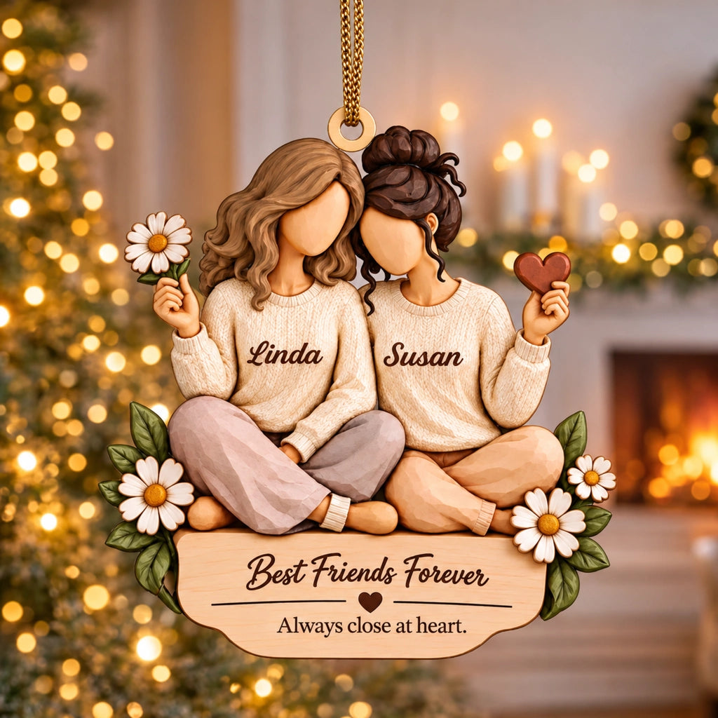 Best Friends Forever Personalized Wooden Ornament, Friends Sitting Close, Creative Heartfelt Gift for a Friend