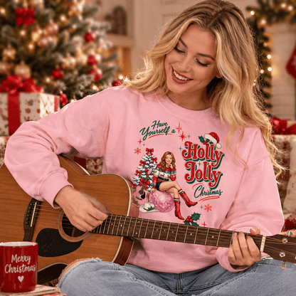 Custom Photo Cowgirl Christmas Sweatshirt, Holly Jolly Disco Ball & Christmas Tree Design, Western Holiday Gift for Her