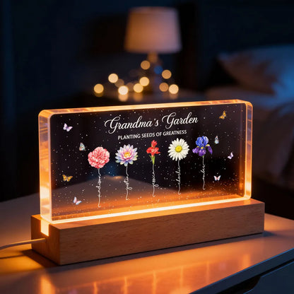Grandma's Garden Block LED Light Plaque, Personalized Keepsake Lamp with Warm Glow, Thoughtful Gift for Grandma and Family
