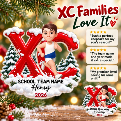 Acrylic Ornament, Cartoon Runner with Red XC Design & Snowy Pines, Creative Holiday Gift for Running Enthusiasts