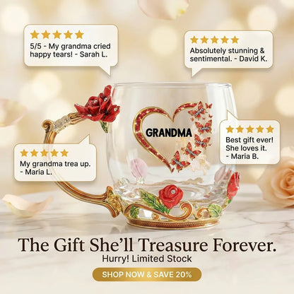 Personalized Enamel Flower Tea Cup for Grandma - Butterfly Heart Design, Unique Gift for Her Tea Moments