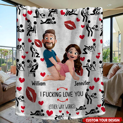 I Love You Personalized Fleece Blanket with Cute Couple Illustration, Lips and Hearts - Funny Sweet Gift for Partners
