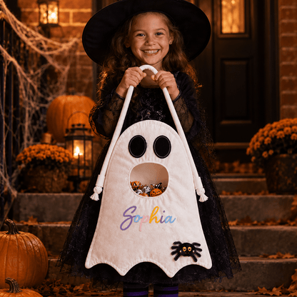 Personalized Ghost Trick-or-Treat Bag with Custom Name, Yarn Colors & Halloween Icon, Cute Candy Tote for Kids