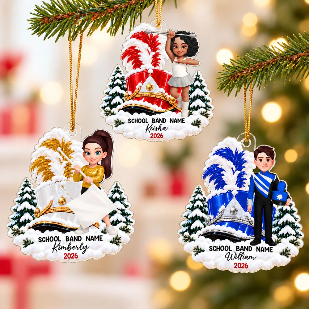 Personalized Acrylic Ornament, Proud Marching Band Memory in Snowy Pines, Creative Christmas Gift for Grandson
