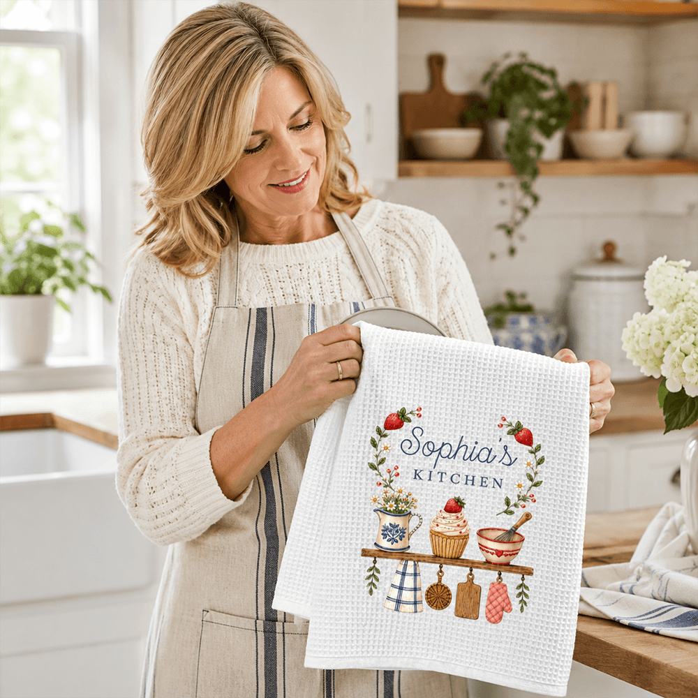 Personalized Kitchen Towel with Custom Name, Cozy Cottage Kitchen Decor, Thoughtful Gift for Home Cooks