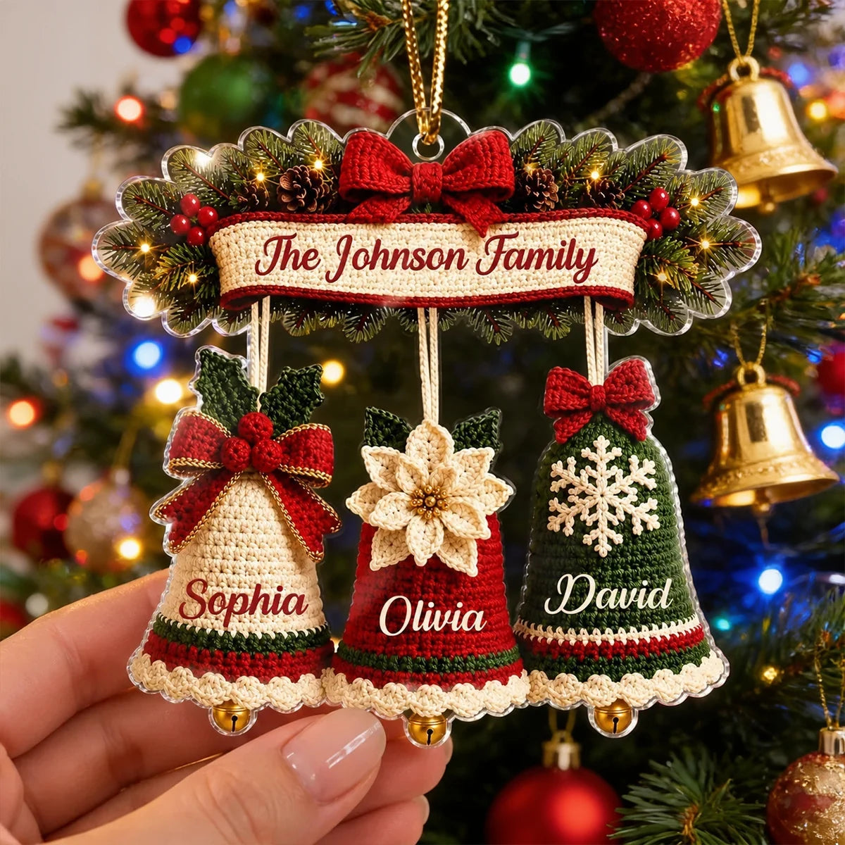 Personalized Acrylic Ornament, Custom Family Christmas Bells in Red and Green, Unique Gift for Mom and Family