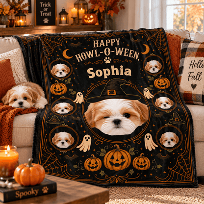 Personalized Halloween Pet Photo Blanket with Name, Witch Hat, Pumpkins & Ghosts, Spooky Cute Gift for Pet Lovers
