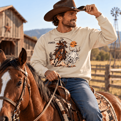 Personalized Halloween Cowboy Sweatshirt with Name, Spooky Ghost Bull & Orange Moon, Western Gift for Horse Lovers