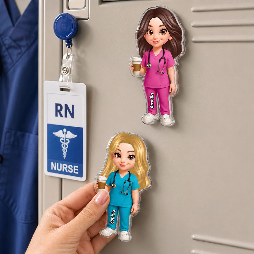 Personalized Acrylic Fridge Magnet With Cartoon Nurse Holding Coffee, Unique Gift For Nurse Coworker