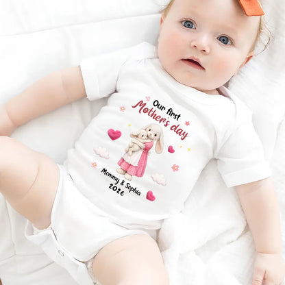 Personalized Mother's Day Short Sleeve Baby Onesie with Bunny Mom & Baby, Sweet First Mother's Day Unique Gift