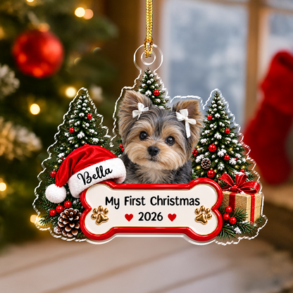 Custom Pet Photo Acrylic Ornament, Snowy Christmas Tree Scene, Unique Gift for Pet Parents