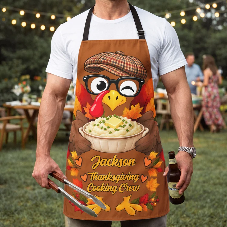 Personalized Thanksgiving Aprons, Smiling Family Cooking Crew in a Warm Fall Kitchen, Unique Gift