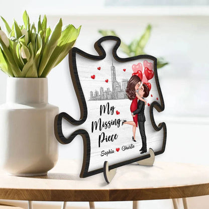 Heart's Embrace - 'My Missing Piece' Personalized Hugging Couple 2-Layer Wooden Plaque - Ideal for Valentine's & Anniversary