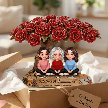 Personalized 2-Layer Wooden Plaque Rose Tree Mom and Daughters Cute Cartoon Keepsake, Unique Gift for Mom