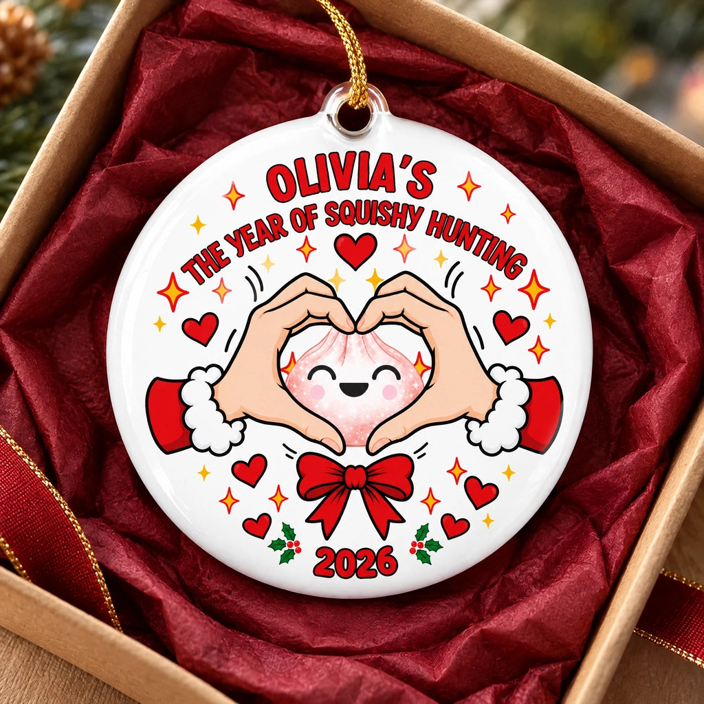 Personalized Ceramic Ornament, Heart Hands Around a Smiling Squishy, Creative Sentimental Gift for Family