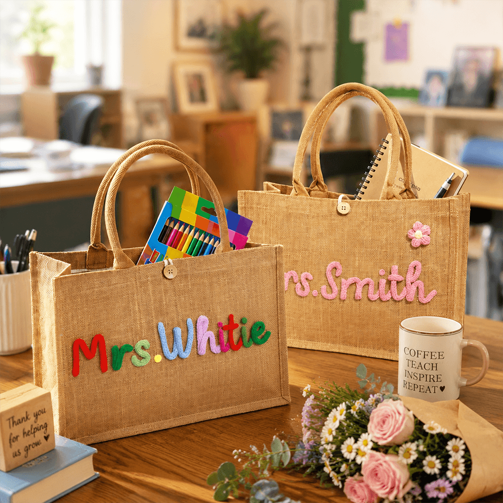 Personalized Crochet Burlap Tote with Colorful Lettering, Creative Gift for Teacher from Student