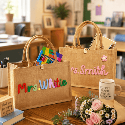 Personalized Crochet Burlap Tote with Colorful Lettering, Creative Gift for Teacher from Student