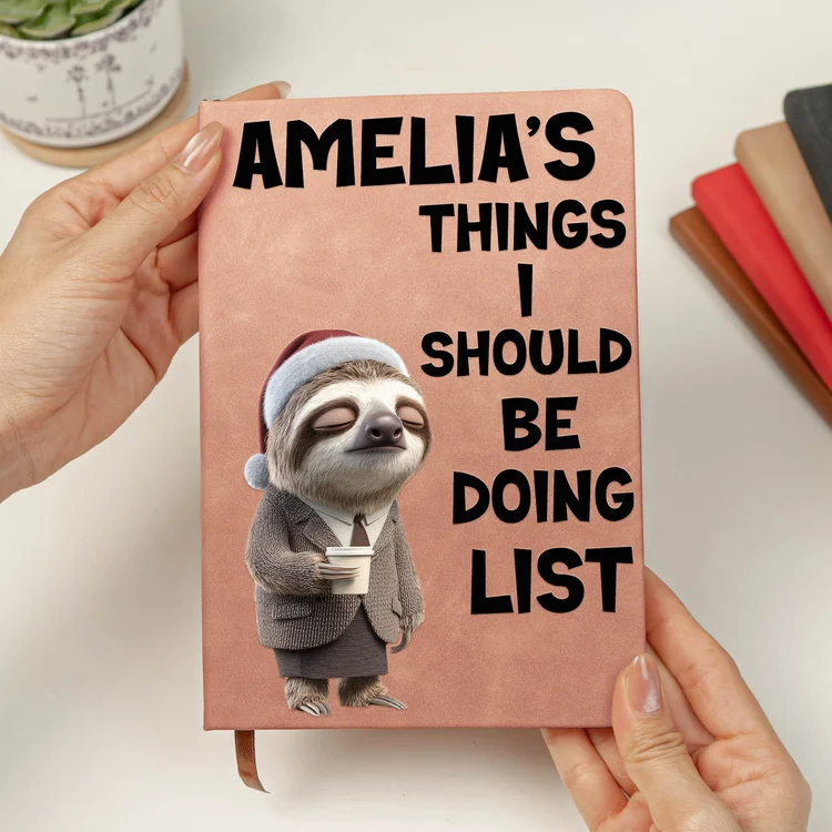 Personalized Leather Journal with Sleepy Sloth Holding Papers, Relatable Humor, Unique Gift for Coworkers