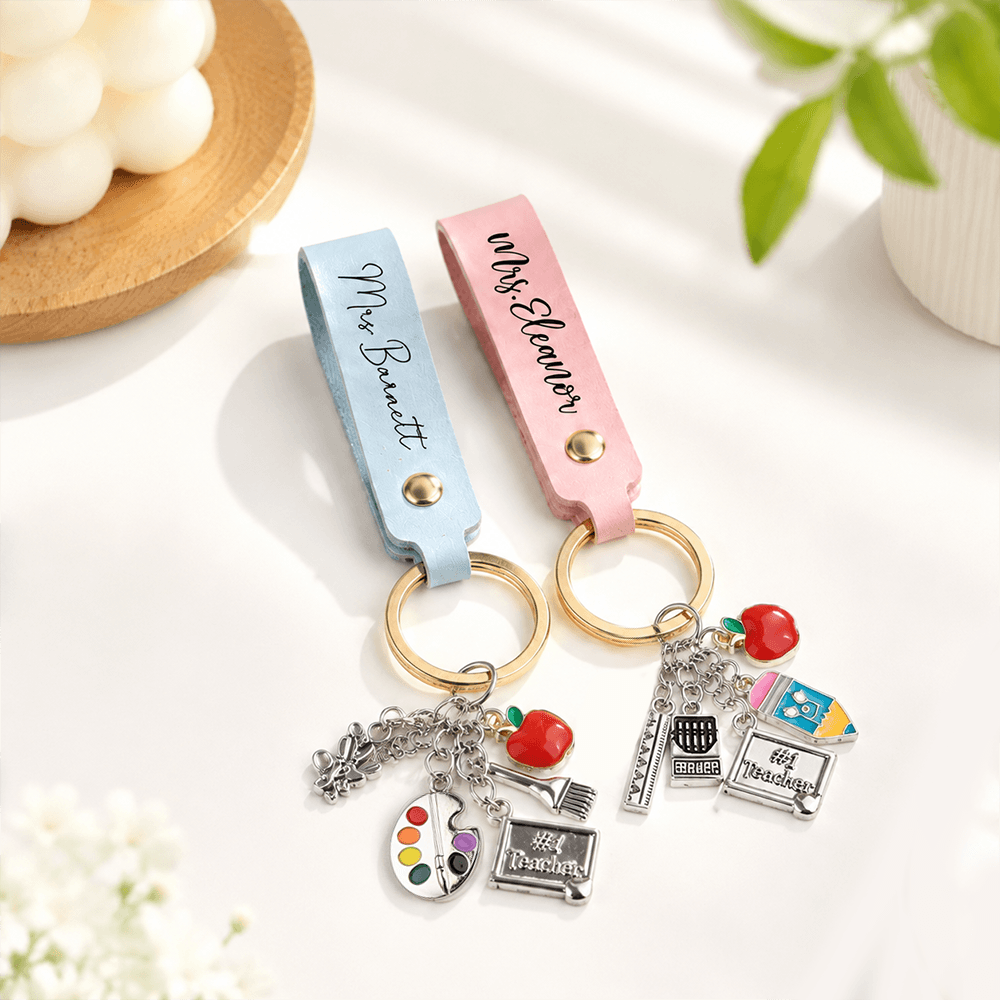 Personalized Teacher Keychain with Name, Apple, Pencil & School Charms – Unique Teacher Appreciation Gift