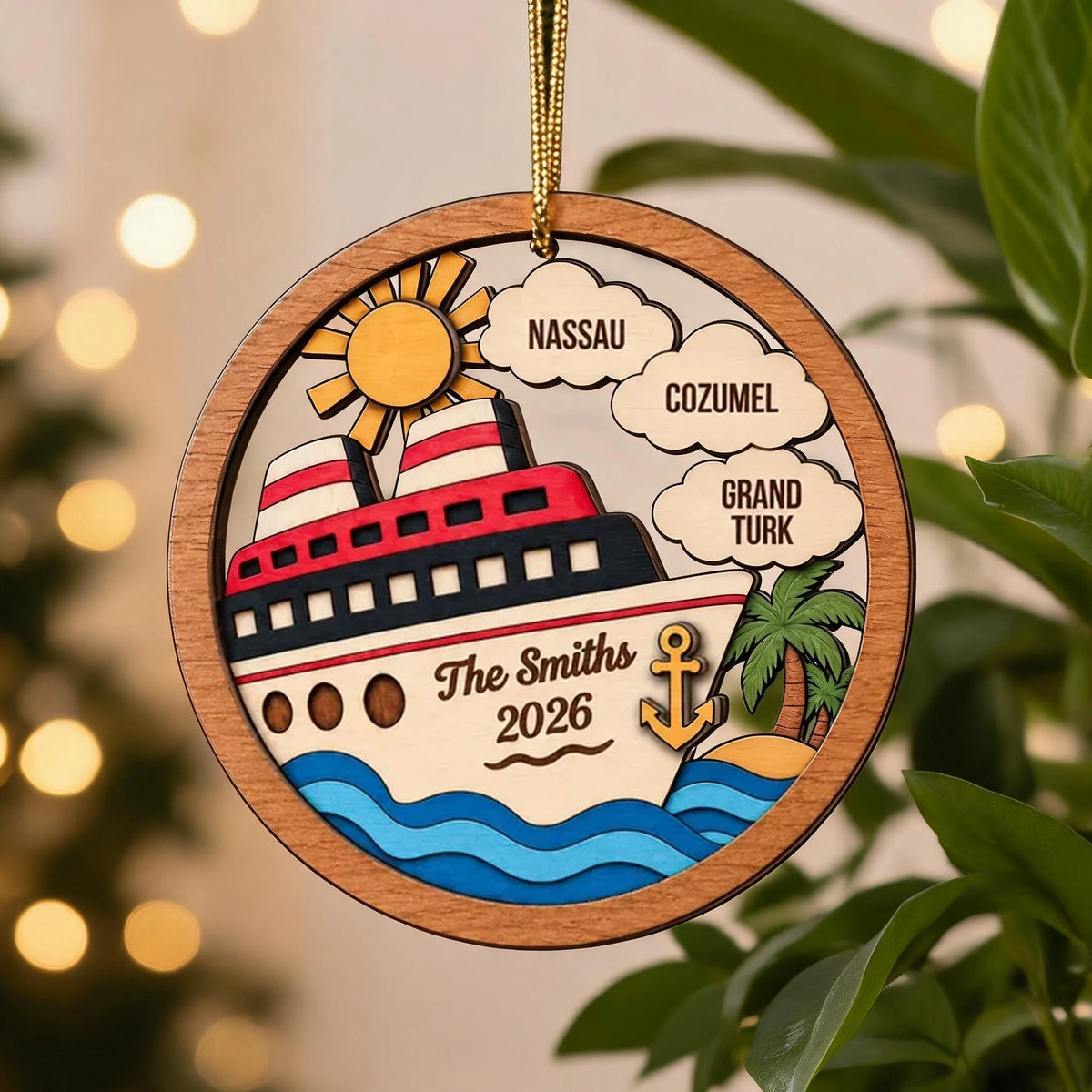Personalized Family Cruise 2-Layer Wooden Ornament, Tropical Travel Memory, Creative Gift for Travelers