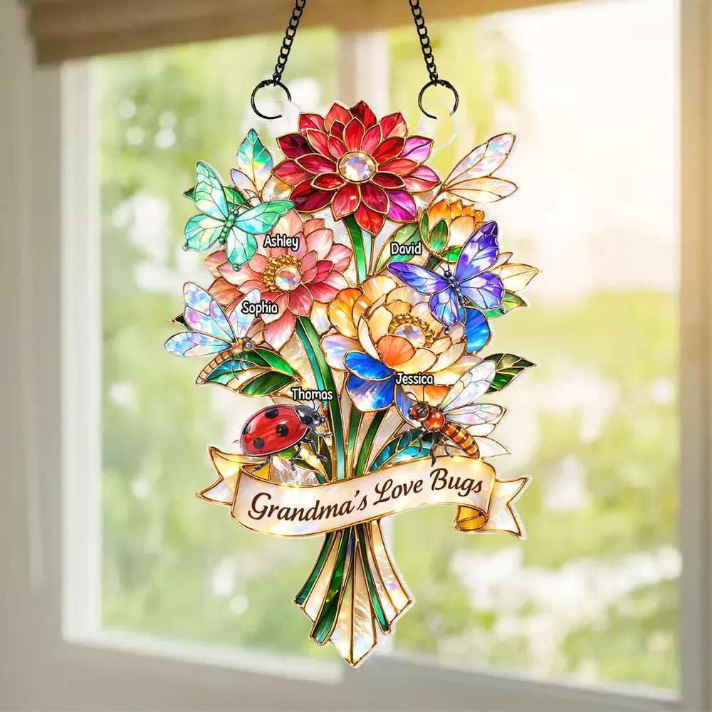 Personalized Acrylic Suncatcher Ornament Grandma's Love Bugs Bouquet for Window Decor, Unique Gift for Grandma
