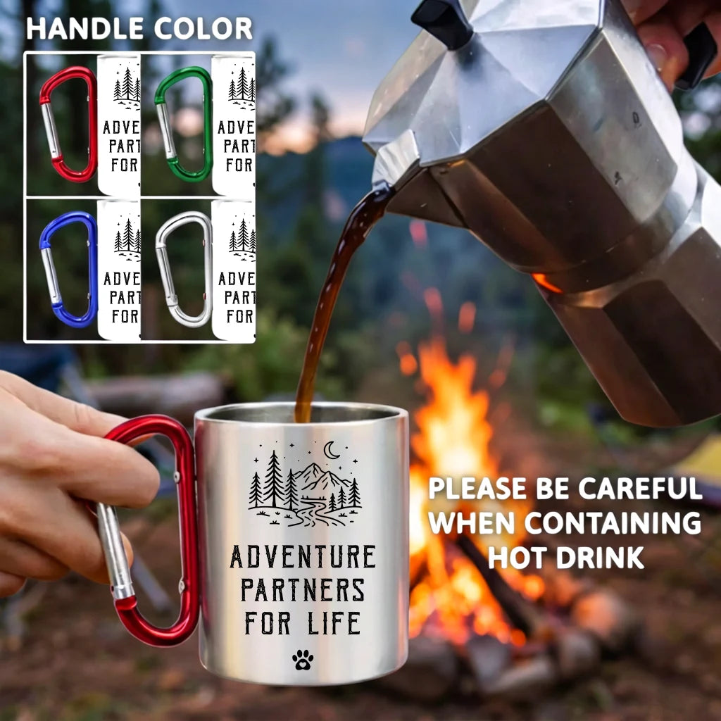 Custom Couple & Pet Carabiner Mug, Add No Pet or Multiple Pets, Personalized Hiking Camping Cup with Names, Outdoor Gift for Couples
