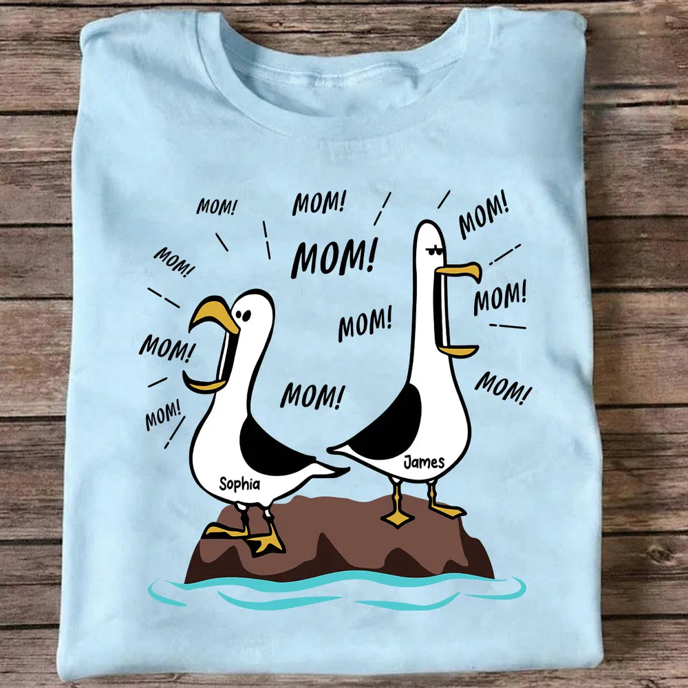 Personalized Seagull Mom Classic Tee, Funny 'MOM!' Cartoon Shirt, Unique Mother's Day Gift for Mom