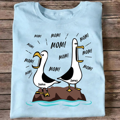 Personalized Seagull Mom Classic Tee, Funny 'MOM!' Cartoon Shirt, Unique Mother's Day Gift for Mom