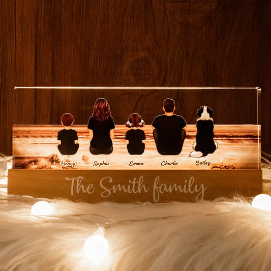 Family Sitting Back View Retro Vintage Beach Landscape - Personalized Family LED Plaque, Family Gift for Parents, Siblings & Pet Lovers