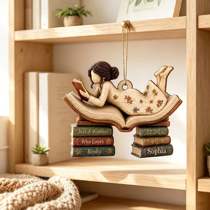Personalized Wooden Ornament, Woman Reading On Open Book, Warm Vintage Unique Creative Gift For Book Lover