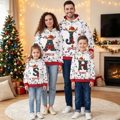 Personalized Family Initial Printed Hoodie, Colorful Lights and Reindeer Accents, Creative Gift for Family Memories