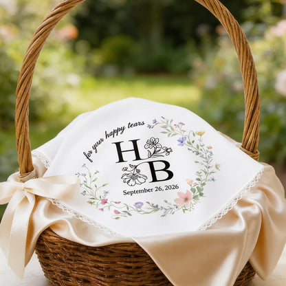 For Your Happy Tears Personalized Cotton Handkerchief, Romantic Floral Keepsake, Creative Gift for a Couple