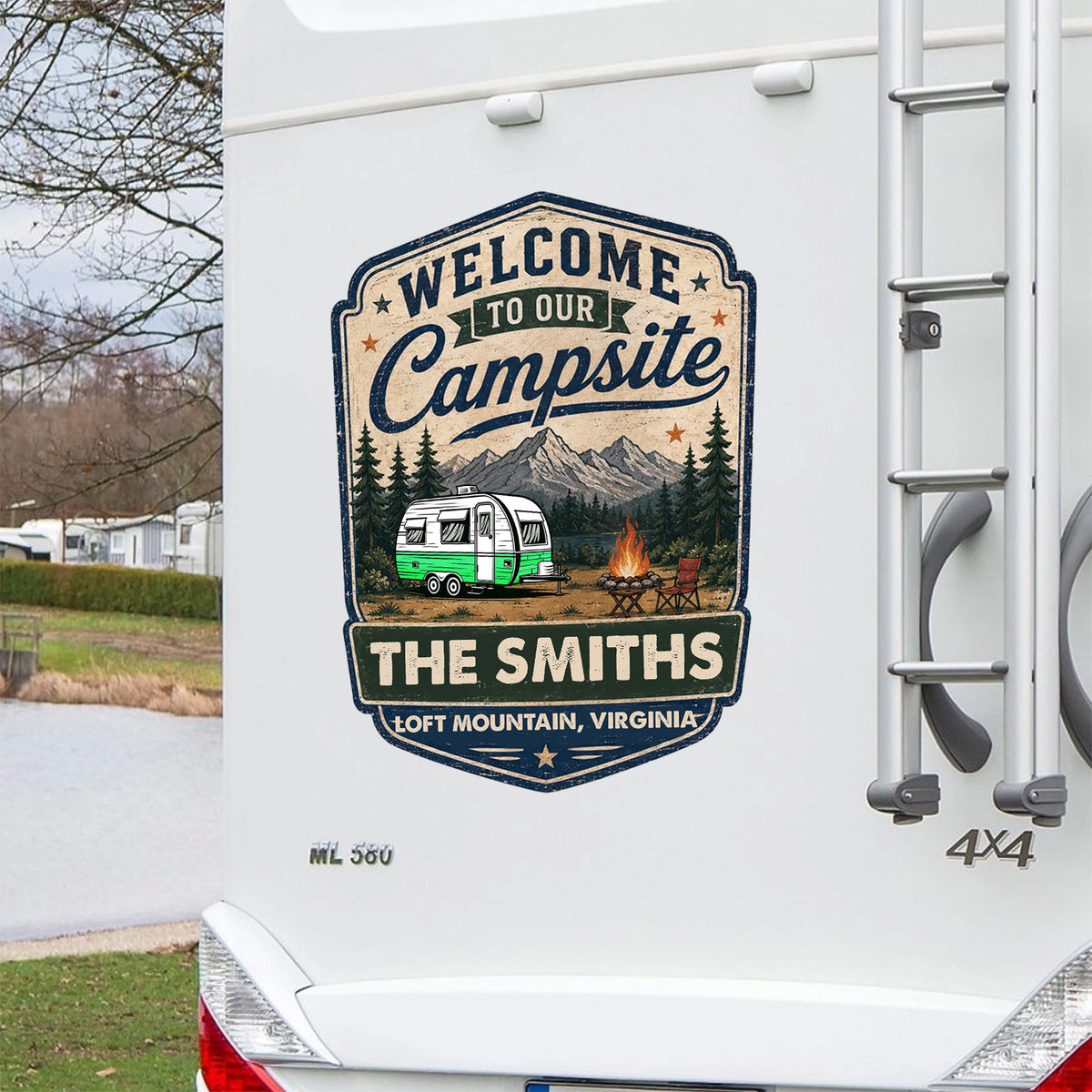 Personalized Campsite Sticker Decal, Vintage Camper & Mountain Scene, Unique Gift for Campers