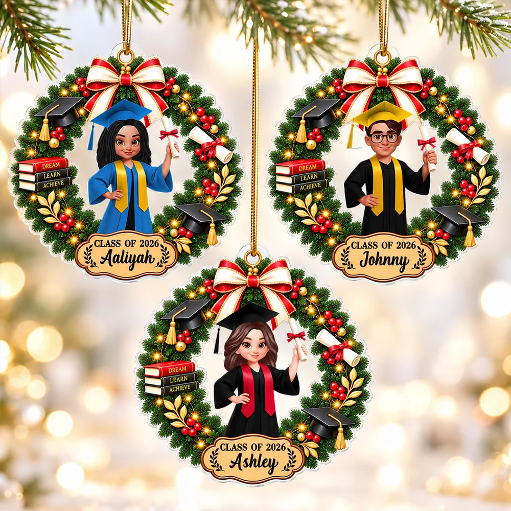 Personalized Acrylic Ornament, Graduate Holding Diploma in Red and Green Christmas Wreath, Creative Keepsake Gift