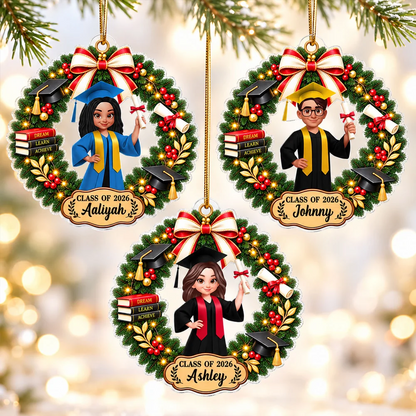 Personalized Acrylic Ornament, Graduate Holding Diploma in Red and Green Christmas Wreath, Creative Keepsake Gift