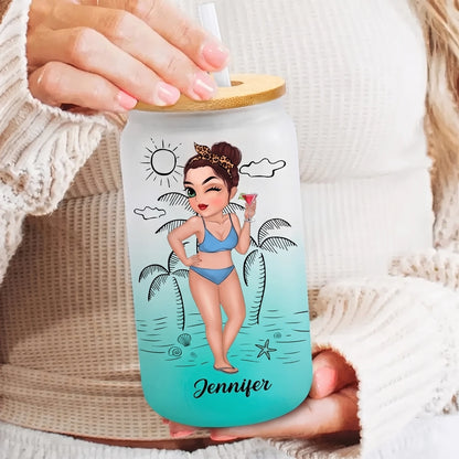 Personalized Frosted Ombre Glass Can, Tanned and Tipsy Beach Woman Holding Cocktail, Unique Gift for Her