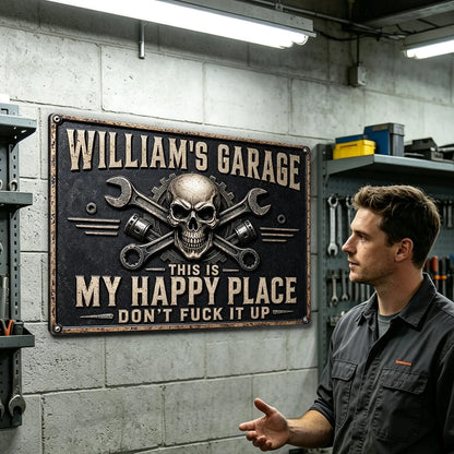 This Is My Happy Place Rectangular Iron Sign, Personalized Workshop Decor, Creative Gift for Mechanic