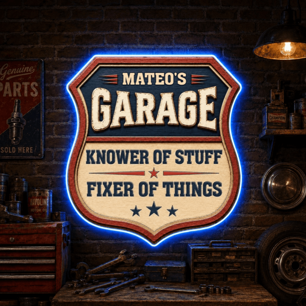 Personalized Garage LED Sign, Fixer of Things Custom Name Sign, Unique Gift for Car Lovers & Mechanics