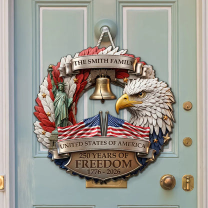 Personalized Patriotic Eagle Wooden Sign, United States of America Freedom Wreath Wall Decor, Unique Gift