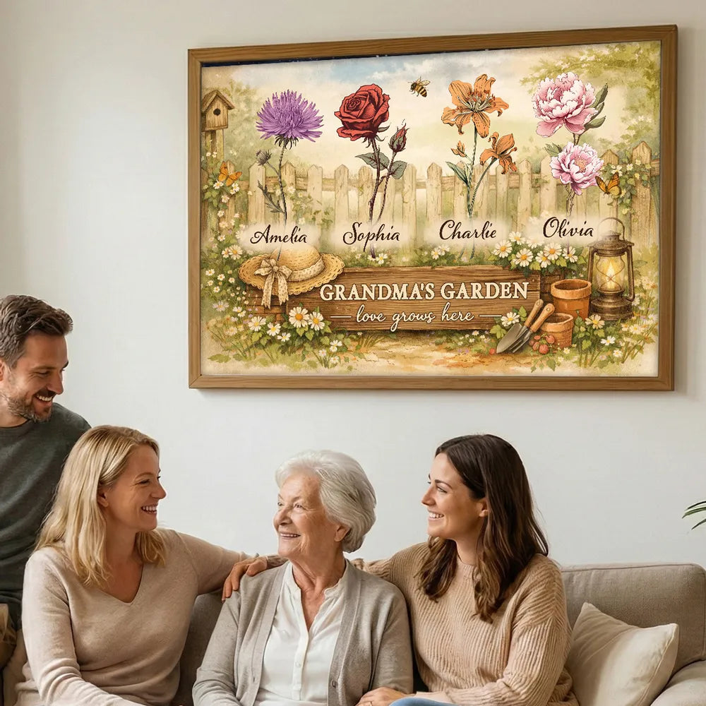 Personalized Grandma's Garden Flowers Poster, Vintage Cottagecore Wall Art, Unique Gift for Grandma or Mom