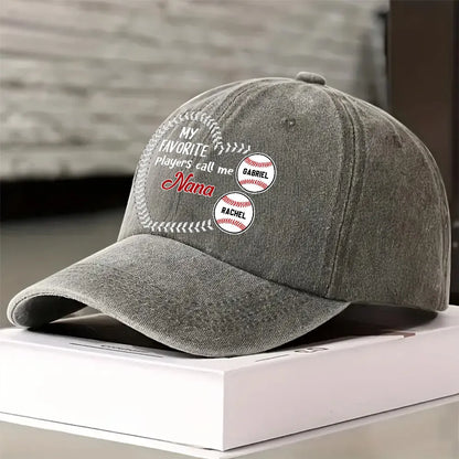 Personalized Washed Denim Baseball Cap, My Favorite Players Call Me Grandma, Vintage Baseball Gift for Grandma