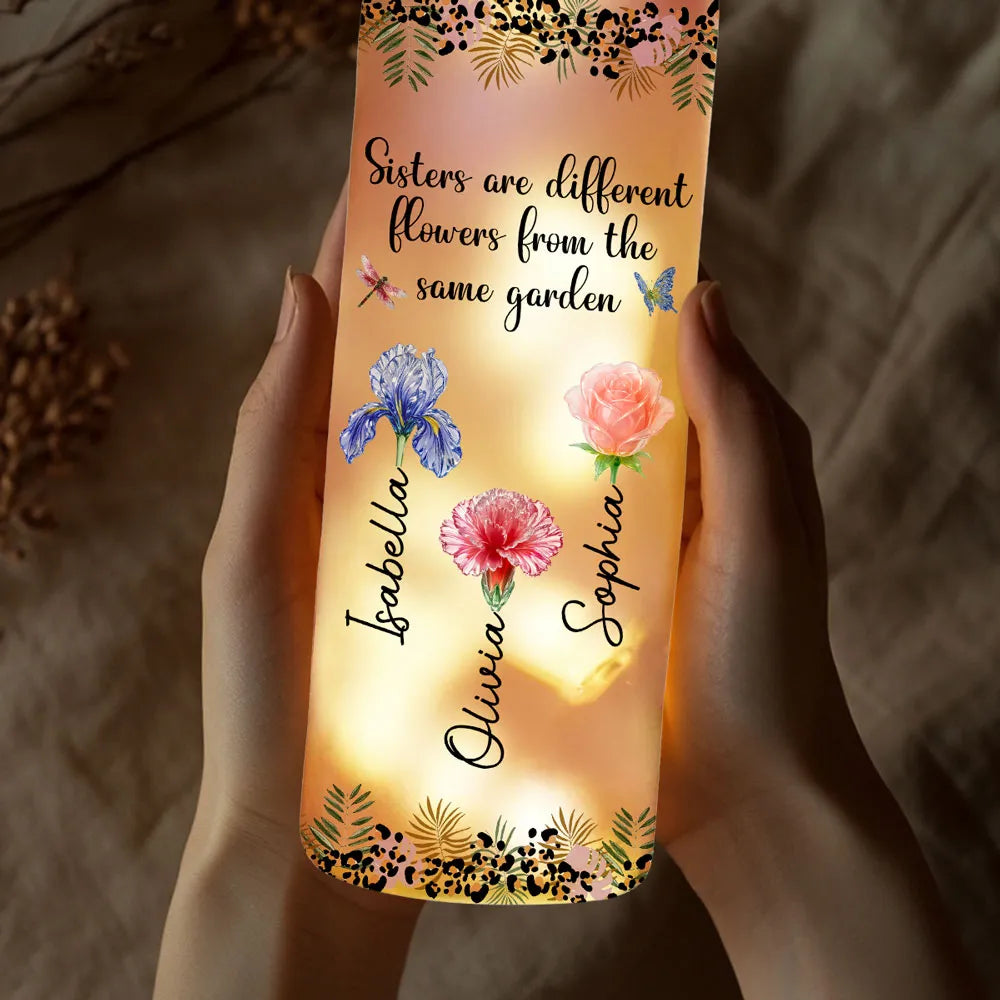 Sisters Are Different Flowers Bottle Lamp, Personalized Floral Bottle Lamp for Cozy Ambient Light, Thoughtful Gift for Sister