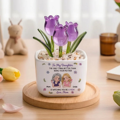 Personalized Square Glass Planter, Cartoon of a Winking Mother and Daughter Sharing a Toast, Unique Gift for Daughter