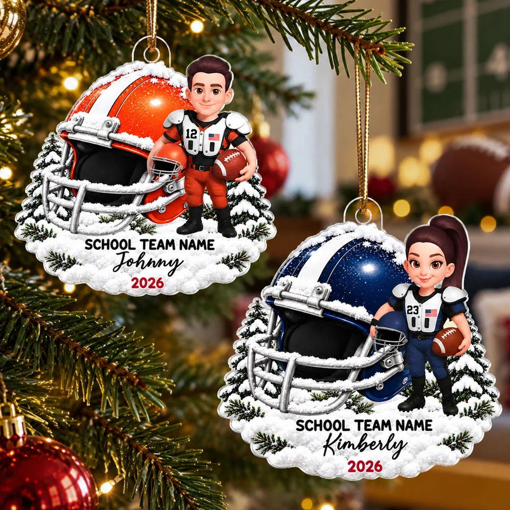 Personalized Acrylic Ornament, Snowy Football Player Scene, Unique Keepsake Gift for Son or Grandson