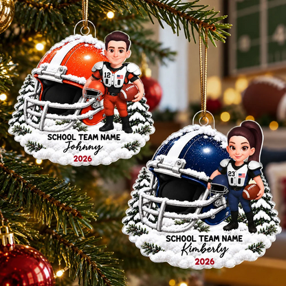 Personalized Acrylic Ornament, Snowy Football Player Scene, Unique Keepsake Gift for Son or Grandson