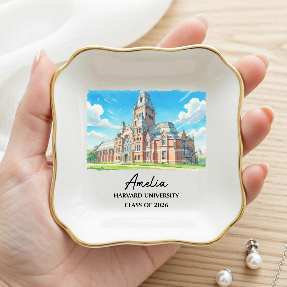 Personalized University Jewelry Dish with Campus Illustration, Unique Graduation Keepsake Gift for Her